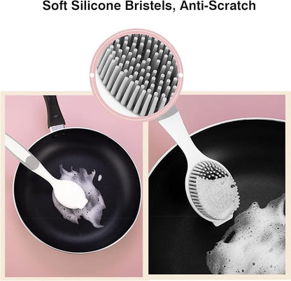Dish Scrubber, Silicone Soft Bristles Scrub Brush with Scraper Tip, Comfortable Grip Brushes for Kitchen Sink, Pans, Pots, Skillet, Vegetable, Fruit, Potato Cleaning (White/Grey) - Image 5