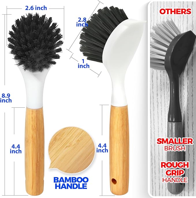 Holikme 3 Pack Cast Iron Brush and Scraper with Bamboo Handle – Skillet Scrubber with Tough Nylon Bristles, Kitchen Cleaner for Cleaning Skillet, Grill Pan, Dark Gray - Image 6