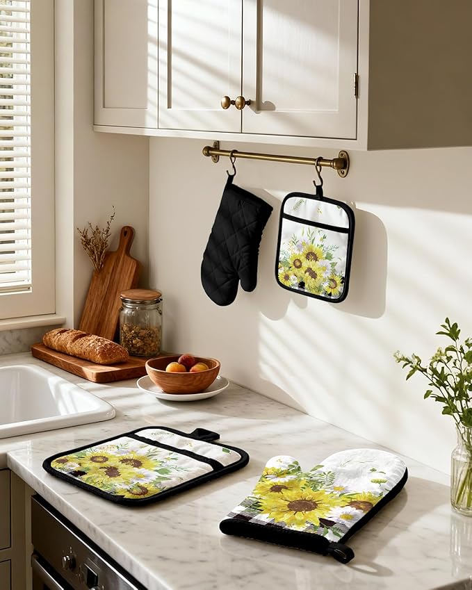 Miss Adola Cotton Oven Mitts and Pot Holders Sets - Quilted Lining Heat Resistant 4 Pieces Set with Hanging Loop Cute Farmhouse Boho Spring Kitchen Decor and Accessories, Plaid Sunflower - Image 2