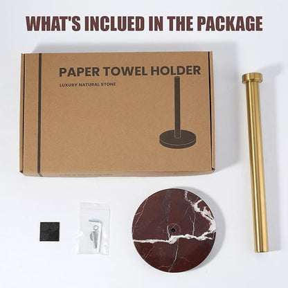 Koville Paper Towel Holder Countertop, Standing Paper Roll Holder with 6" Weighted Marble Base, Stone Paper Towel Holder with Gold Stainless Steel Rod for Kitchen Bathroom (Red)