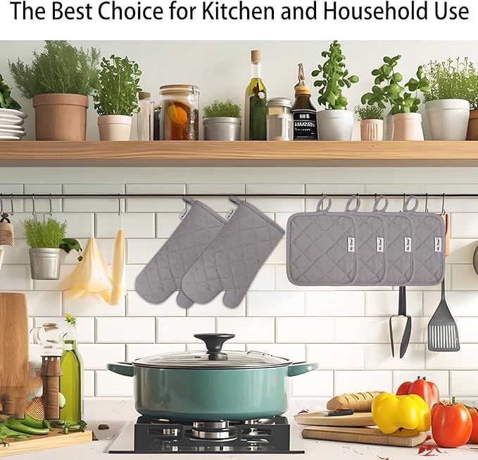 Oven Mitts and Pot Holders Sets,6 Pcs Oven Mitts and Potholders with Recycled Cotton High Heat Resistant Extra Thick Long Oven Mitts for Cooking(Gray) - Image 6