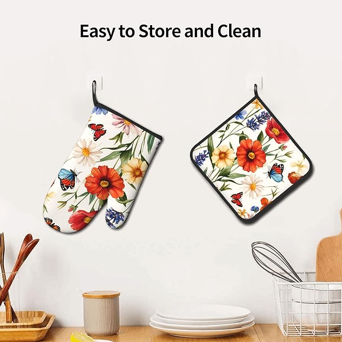 Cute Oven Mitts and Pot Holders Sets Poppy Daisy Flowers Kitchen Gloves Lavender Butterfly Hot Pads 2 Pieces Set Spring Summer Floral Kitchen Decor and Accessories - Image 2