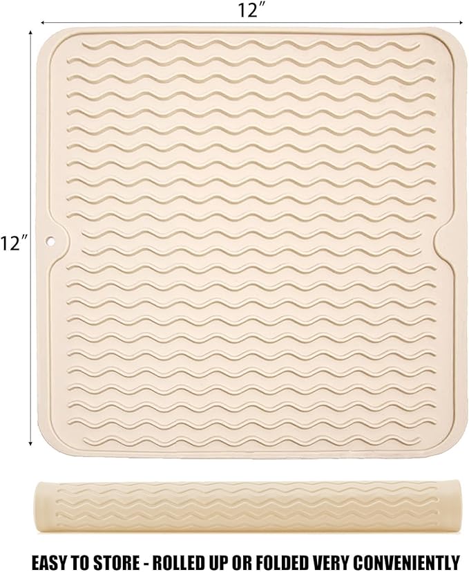 Silicone Dish Drying Mat for Multiple Usage, Easy clean, Eco-friendly, Heat-resistant Dish Drainer Mat for Kitchen Counter,Sink,Refrigerator or Drawer liner (12" x 12", BEIGE) - Image 2