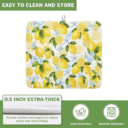 Kawani Lemon Dish Drying Mat 16x18 Inch Absorbent Reversible Spring Summer Drying Mat Floral Lemon Fruits Dish Drying Rack Mat Yellow Summer Themed Dish Drainer Mat for Kitchen Counter Coffee Bar