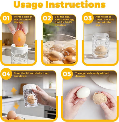 2 in 1 Egg Peeler with Piercer, Hard Boiled Egg Shell Remover Tool with Rotary Lock & Leak-Proof Design, Clear Egg Peeler for Meal Prep, Fitness, Camping & Deviled Eggs, Easy to Use & Clean (White)