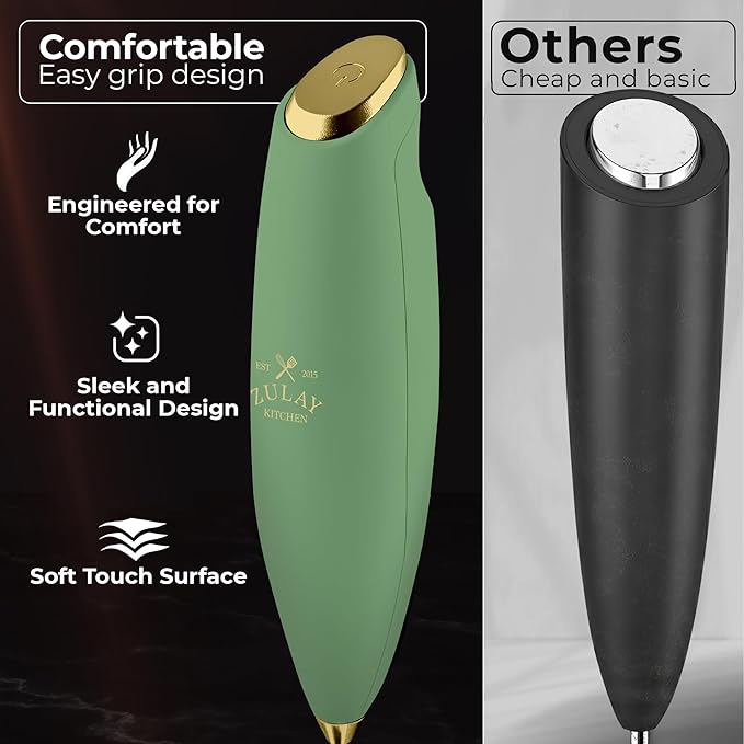 Zulay Kitchen Patented Tornado Triple Whisk Milk Frother with 4 Duracell Batteries – Handheld Foam Maker for Coffee, Lattes, Matcha & Hot Chocolate – Rich, Creamy Froth in Seconds - Olive & Gold - Image 4