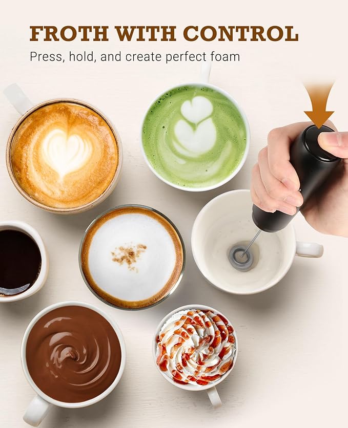 SIMPLETASTE Milk Frother Handheld Electric Foam Maker, Drink Mixer with Stainless Steel Whisk for Cappuccino, Bulletproof Coffee, Latte, Black, without Stand, USB-C Rechargeable - Image 5