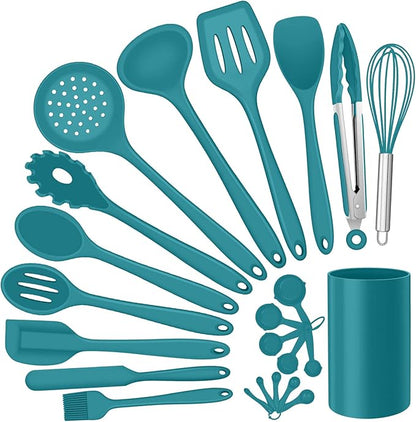 Silicone Kitchen Utensils Set, E-far 23 Pcs Blue Cooking Utensils Tools with Holder for Nonstick Cookware, Include Spatula/Spoon/Ladle/Tongs/Turner, Heat Resistant & Nontoxic, Dishwasher Safe by E-far