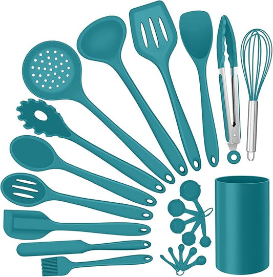 Silicone Kitchen Utensils Set, E-far 23 Pcs Blue Cooking Utensils Tools with Holder for Nonstick Cookware, Include Spatula/Spoon/Ladle/Tongs/Turner, Heat Resistant & Nontoxic, Dishwasher Safe by E-far