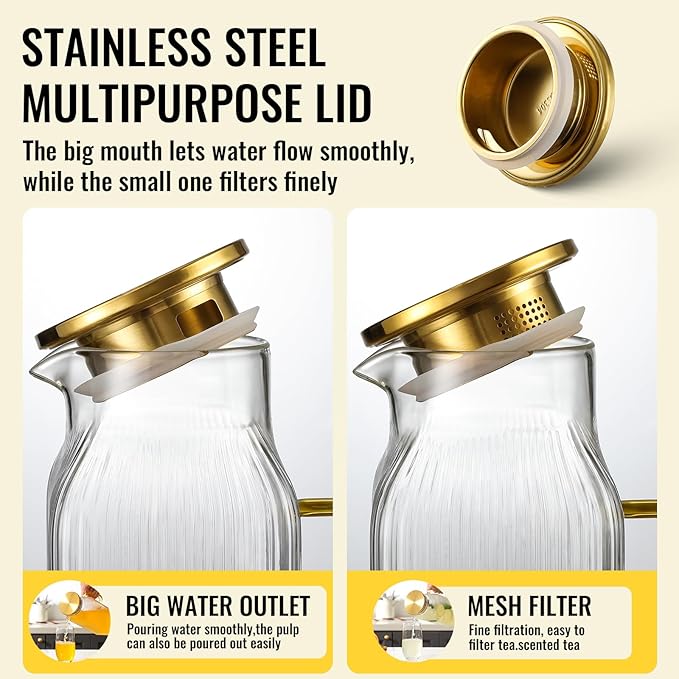 4 Pack 2 Liter/68 oz Square Glass Pitcher with Lid, Classic Stripes Water Pitchers with Handle for Fridge, Large Jug for Iced Tea, Coffee, Borosilicate Glass Carafe for Hot/Cold Brew Drink, Gold - Image 5