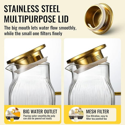 4 Pack 2 Liter/68 oz Square Glass Pitcher with Lid, Classic Stripes Water Pitchers with Handle for Fridge, Large Jug for Iced Tea, Coffee, Borosilicate Glass Carafe for Hot/Cold Brew Drink, Gold - Image 5