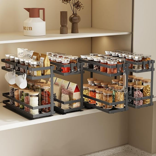 Magheo Pull Out Spice Rack Organizer for Cabinet, 4 Pack Metal Seasoning Organizer Slide Out Spice Storage Shelf No Assembly Vertical Spice Rack Pullout for Kitchen & Bahthroom No Drill(2 Tier,Black) by COMFORTYOURHOME