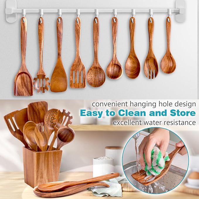 HOWHONG Wooden Spoons for Cooking, Premium Acacia Wood Kitchen Utensil Set, Handmade Wooden Utensils for Nonstick Cookware, Heat Resistant, Smooth Finish, Comfortable Grip, with Holder, Gift Ready - Image 3