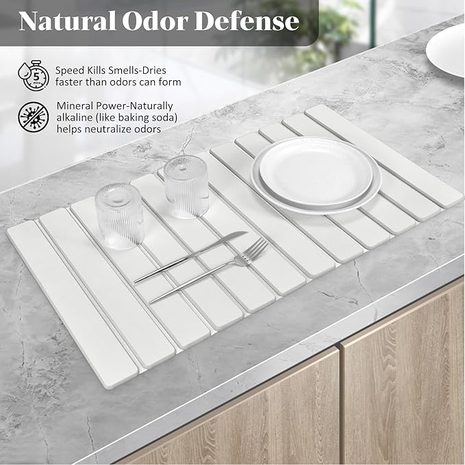 Large Stone Dish Drying Mats for Kitchen Counter, 28"(L)×16"(W), Quick Drying Collapsible Dish Drying Mat, Absorbent Eco-Friendly Diatomaceous Earth Mats for Dishes Bottles, Match Any Countertop - Image 3