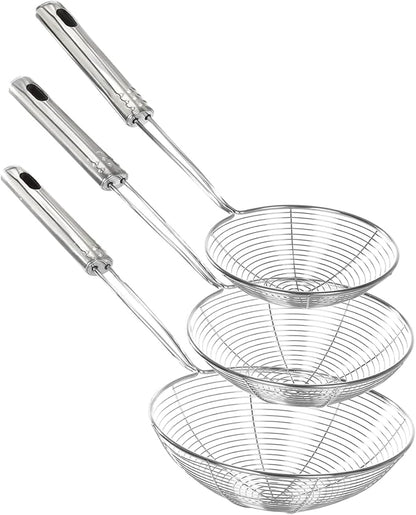 Enhanced Version Stainless Steel Spider Strainer Skimmer Ladle, Set of 3 Sizes Kitchen Strainer Spoon for Cooking and Frying, Pasta Strainer, Food Preparation-32.5cm, 36cm, 38cm
