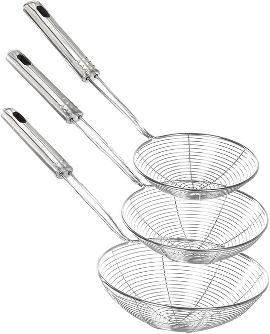 Enhanced Version Stainless Steel Spider Strainer Skimmer Ladle, Set of 3 Sizes Kitchen Strainer Spoon for Cooking and Frying, Pasta Strainer, Food Preparation-32.5cm, 36cm, 38cm