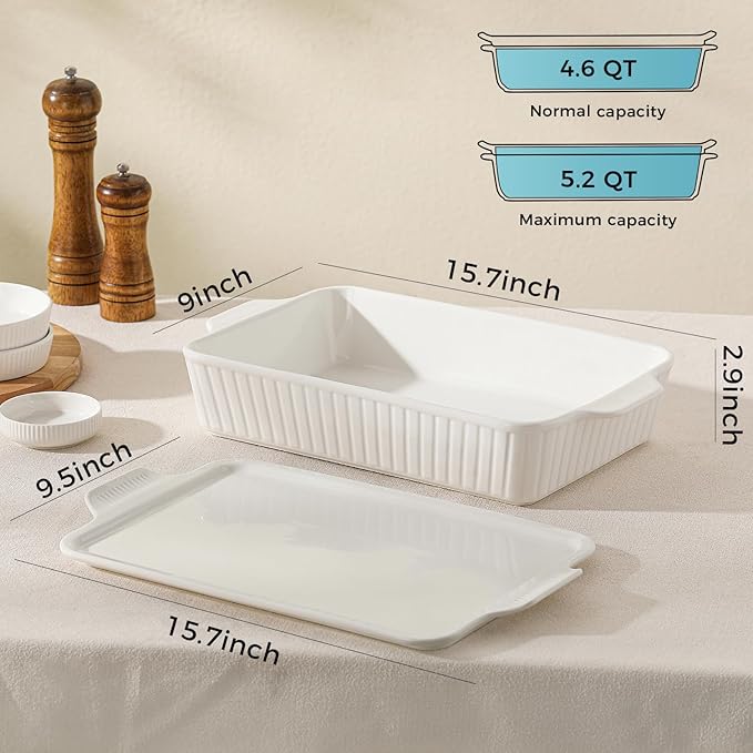 Dizada Large Casserole Dish with Lid 5.2 Qt (9"x13") - Deep 2-in-1 Porcelain Baking Pan, Ceramic Bakeware for Lasagna, Roasts, Oven Freezer Microwave Safe - Image 3