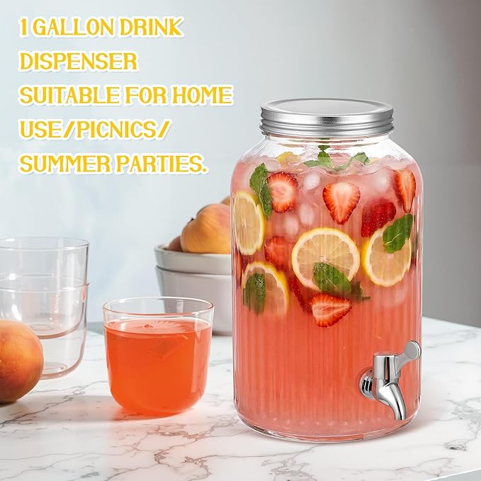 SiliFine 2 Pieces 1 Gallon Plastic Beverage Dispenser with Spigot Striped Clear Large Drink Beverage Dispenser Summer Fridge Water Container with Tap for Party Iced Tea, Sangria, Lemonade (Silver)