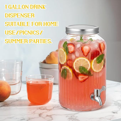 SiliFine 2 Pieces 1 Gallon Plastic Beverage Dispenser with Spigot Striped Clear Large Drink Beverage Dispenser Summer Fridge Water Container with Tap for Party Iced Tea, Sangria, Lemonade (Silver)