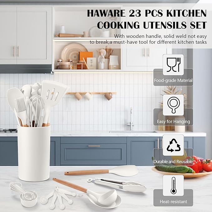 HaWare Kitchen Cooking Utensils Set, 23-Piece Silicone Kitchen Utensils Spatula Set with Holder, Heat Resistant Wooden Handle Kitchen Gadget for Nonstick Cookware, Food-grade Turner Spoon Sets (White) - Image 3