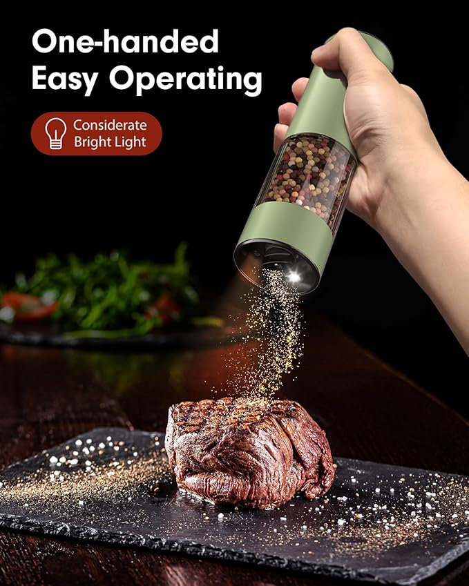 TOMEEM Upgraded Larger Capacity Electric Salt and Pepper Grinder Set Rechargeable with LED lights, Stainless Steel Automatic Pepper and Salt Grinder Refillable with 5 Adjustable Coarseness Green - Image 2