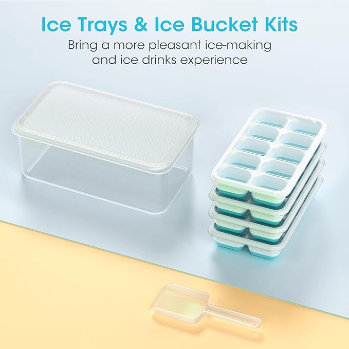 DOQAUS Ice Cube Tray with Lid and Bin - 4 Pack Silicone Ice Cube Trays for Freezer, Stackable Ice Bucket Kits with Storage Container & Scoop for Kitchen, RV, Cocktail, Coffee - Image 8