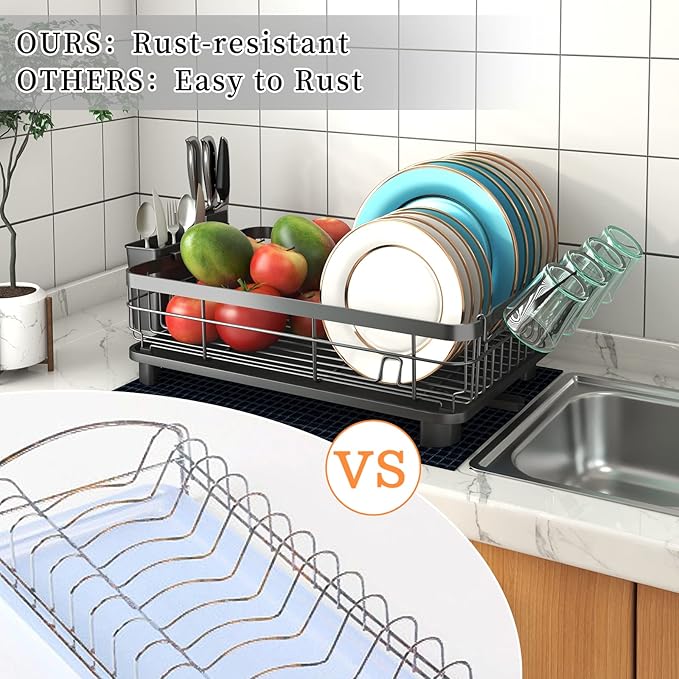 Godboat Dish Drying Rack, Dish Rack with Auto-Drain & Mat, Dish Drainers for Kitchen Counter, Glass Organizer for 4 Cups, 3 Slots Utensil Holder, Gifts for Women Mothers Day, Kitchen Gadgets & Decor - Image 2