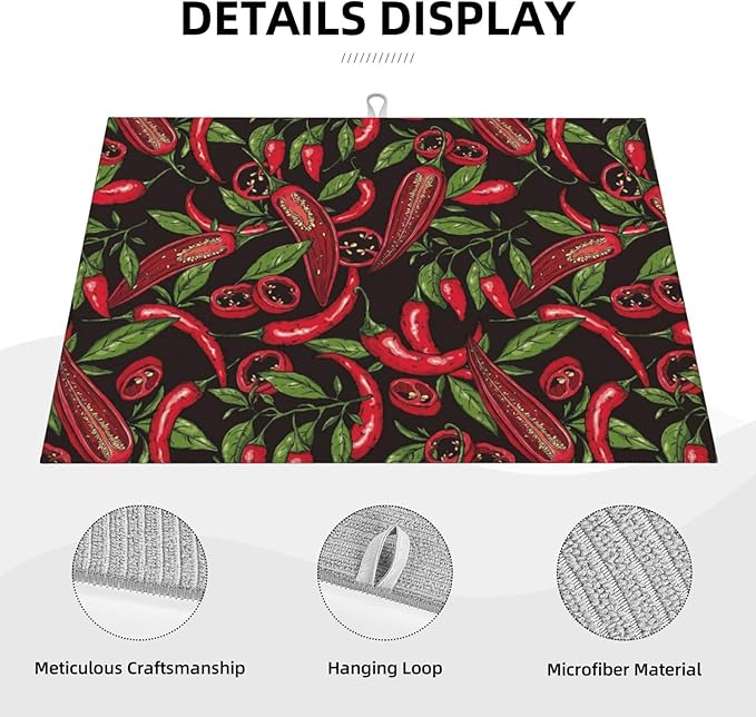 Red Chili Peppers Dish Drying Mat Vegetable Pepper Black Rustic Green Leaf Drying Rack Pad Countertop Dishes Ultra Absorbent Microfiber Kitchen Counter Mat 18x24 Inch