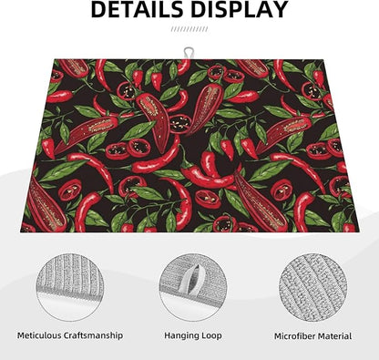 Red Chili Peppers Dish Drying Mat Vegetable Pepper Black Rustic Green Leaf Drying Rack Pad Countertop Dishes Ultra Absorbent Microfiber Kitchen Counter Mat 18x24 Inch