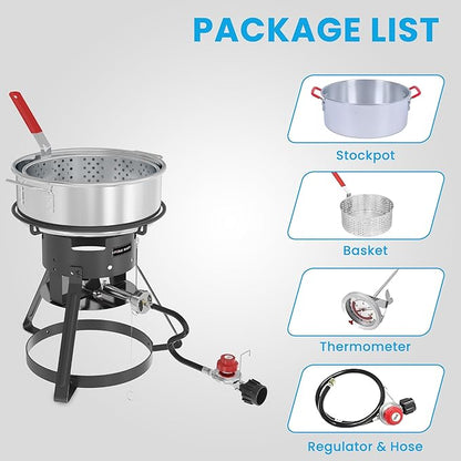 Fire Riot 10QT Outdoor Fish Fryer Kit – Heavy-Duty Aluminum Pot, 6.7QT Basket, Propane Deep Fryer with 0-10 PSI Regulator & Steel Frame – Ideal for Seafood & More