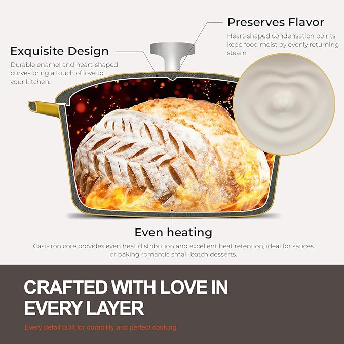 Overmont Enameled Cast Iron Dutch Oven - Heart-Shaped Pot with Lid Cookbook & Cotton Pot Holders - Mini Cookware Oven Safe to 500°F for Sourdough Baking Soups Stews - Great Gift for Wedding Birthday Housewarming 2QT Yellow