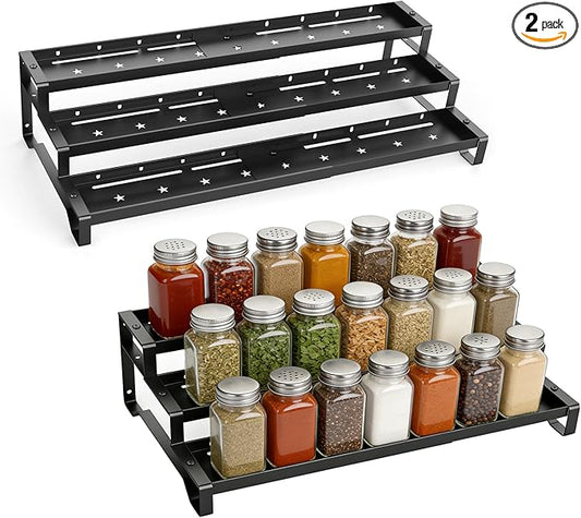SANKEU Expandable Spice Rack Organizer for Cabinet 3 Tiered Metal Seasoning Organization with Guardrails Spice Shelf Storage for Jars Adjustable Length 13"-21" Black 2Pack by SANKEUHomeStorage