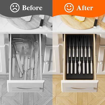 Lifewit Magnetic Drawer Knife Organizers Insert, Kitchen Plastic In Drawer Knife Block Slots, Steak Chefs Knives Holder Storage Sets for 12 Knives and 1 Sharpening Steel, Large, Black