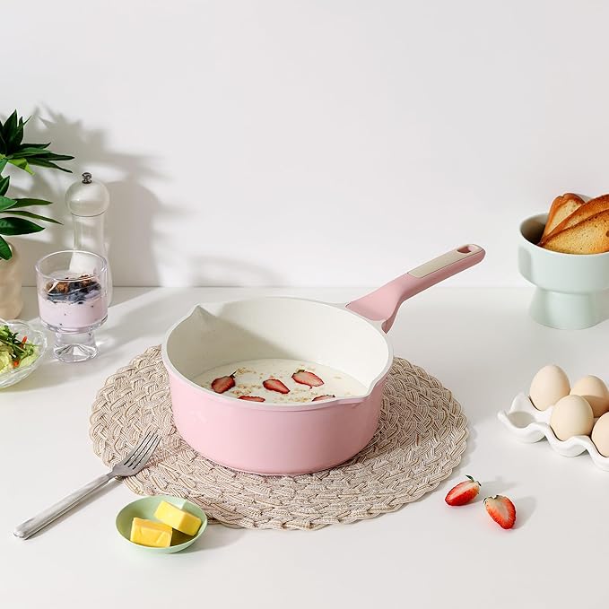 SENSARTE Ceramic Nonstick Saucepan with Double Pouring Spout 3.0 Quarts, Cooking Pot with Stay Cool Handle, Induction Compatible, Ceramic Coating, Free of Intentionally Added PFOA/PFAS, Pink