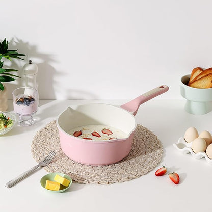 SENSARTE Ceramic Nonstick Saucepan with Double Pouring Spout 3.0 Quarts, Cooking Pot with Stay Cool Handle, Induction Compatible, Ceramic Coating, Free of Intentionally Added PFOA/PFAS, Pink
