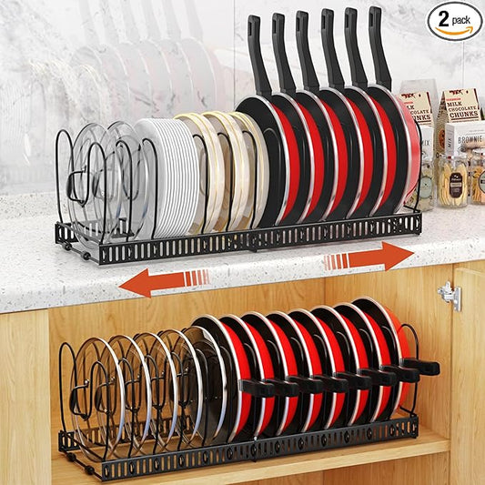 Housolution 2 Pack Pot and Pan Organizer, 12"-23" Expandable Pot Lid Organizer with 14 Adjustable Dividers, Pan Lid Holder Storage Rack for Cabinet, Black by Housolution