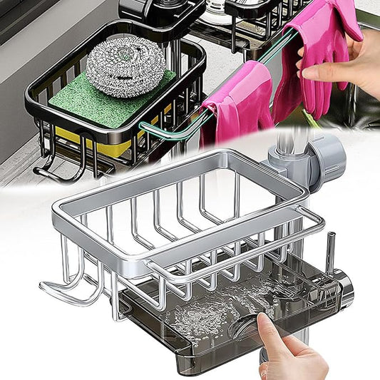 Kitchen Sink Faucet Organizer Multifunction Sponge Holder Organizer Sink Drain Holder Over Faucet Kitchen Sink Caddy with Hook Adjustable for 0.7-1.1inch Round Water Pipe (Silver, S)