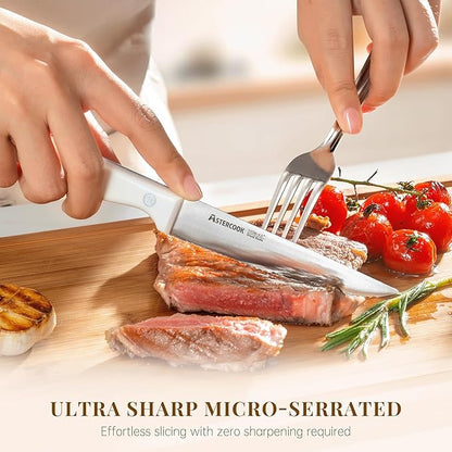 Astercook Steak Knives, Steak Knives Set of 8, High Carbon Stainless Steel Steak Knife Set with Full Tang Handle, Dishwasher Safe Serrated Knife, Elegant Cream White Mothers Day Gifts