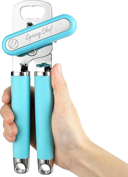 Spring Chef Stainless Steel Can Opener - Manual with Soft Grip Handles, Easy Turn, Heavy Duty Hand Can Openers for Seniors with Smooth Edge - Magnetic Lid Remover - Aqua Sky by SpringChef