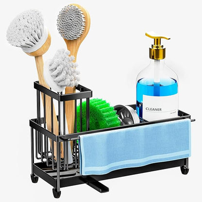 Cisily Sponge Holder for Kitchen Sink, Sink Caddy Organizer with High Brush Holder, Kitchen Countertop Organizers and Storage Essentials, Rustproof 304 Stainless Steel (Black with Towel Rack, 9.25″) - Image 8