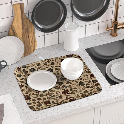 Giwawa 16"x18" Vintage Floral Decorative Dish Drying Mat- Rustic Boho Flowers Dish Drainer Mats- Abstract Antique Plant Reversible Microfiber Dish Drying Pad for Kitchen Countertop Sink Decor
