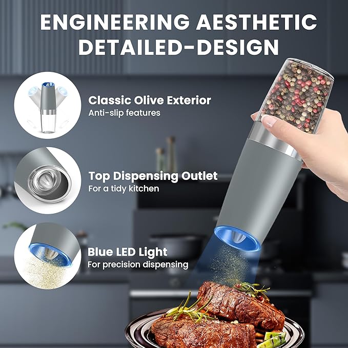 UNNEES Gravity Electric Salt and Pepper Grinder set of 2, Automatic Salt And Pepper Grinder Set, Adjustable Roughness, Battery Powered, LED Light, 2 Pack, (Light Grey) - Image 4
