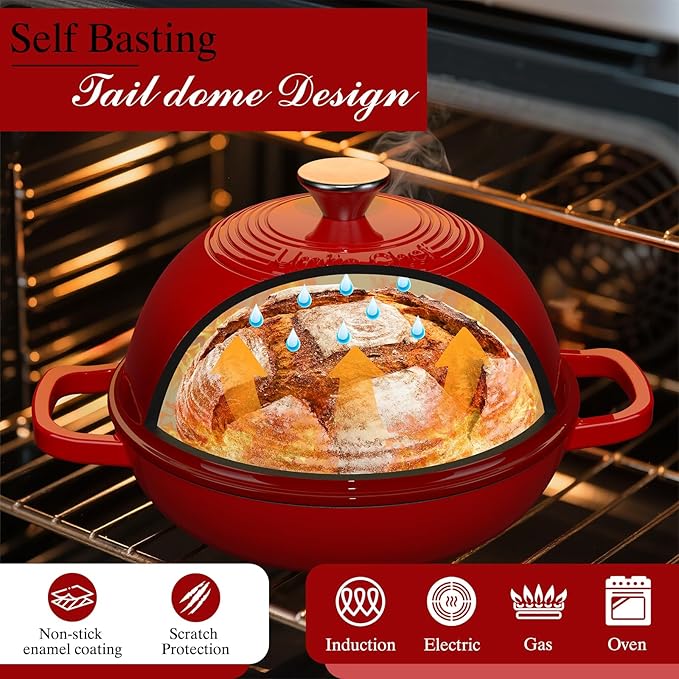 Enamelled Cast Iron Dutch Oven Pot – Dutch Oven Pot with Lid For Sourdough Bread Baking – Cast Iron Bread Oven – Red, Umite Chef 6QT Pot with Lid & Cotton Potholders - Image 3