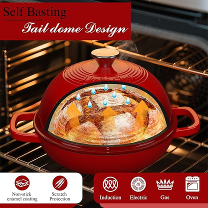 Enamelled Cast Iron Dutch Oven Pot – Dutch Oven Pot with Lid For Sourdough Bread Baking – Cast Iron Bread Oven – Red, Umite Chef 6QT Pot with Lid & Cotton Potholders - Image 3
