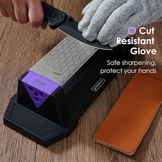 3-Sided Diamond Sharpening Stone 400/1000/8000 Grit Whetstone with Angle Guide, Non-Slip Base, Leather Strop & Glove Premium Knife Sharpener for Kitchen, Hunting & Outdoor