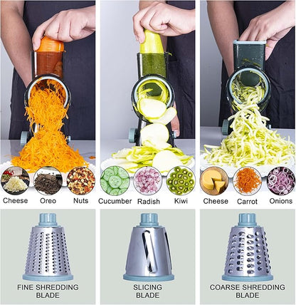 Rotary Cheese Grater Cheese Shredder, Cheese Grater Handheld with Strong Suction Base,Kitchen Vegetable Slicer 3 Replaceable Stainless Drum Blades for Fruit, Food, Nuts,Easy to Use Clean (Blue) - Image 4