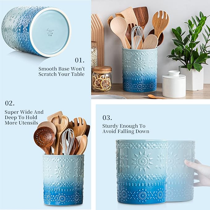 LOVECASA Extra Large Kitchen Utensil Holder, 7.2" Ceramic Farmhouse Utensil Holder For Kitchen Décor Countertop With Heavy And Sturdy Base, Utensil Crock Organizer, Blue - Image 6