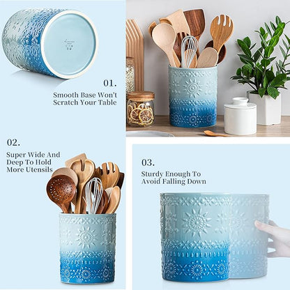 LOVECASA Extra Large Kitchen Utensil Holder, 7.2" Ceramic Farmhouse Utensil Holder For Kitchen Décor Countertop With Heavy And Sturdy Base, Utensil Crock Organizer, Blue - Image 6