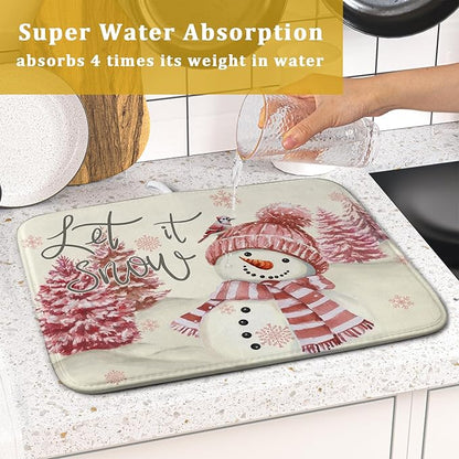 Giwawa Pink Snowman Dish Drying Mat Xmas Trees Bird Winter Snowy Scene Dish Drainer Mats 16"x18" Microfiber Reversible Dish Drying Rack Pad Protector for Kitchen Countertop Decor