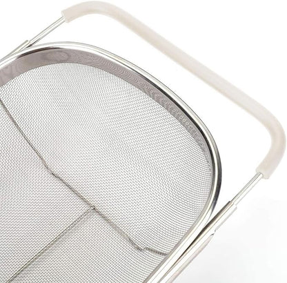 AJIODA Over The Sink Colander, 6 Quarts Stainless Steel Oval Colander with Expandable Rubber Grip Handle, Fine Mesh Strainer Baskets Kitchen Colanders for Strain, Drain, Rinse Vegetable, Fruits, Beige